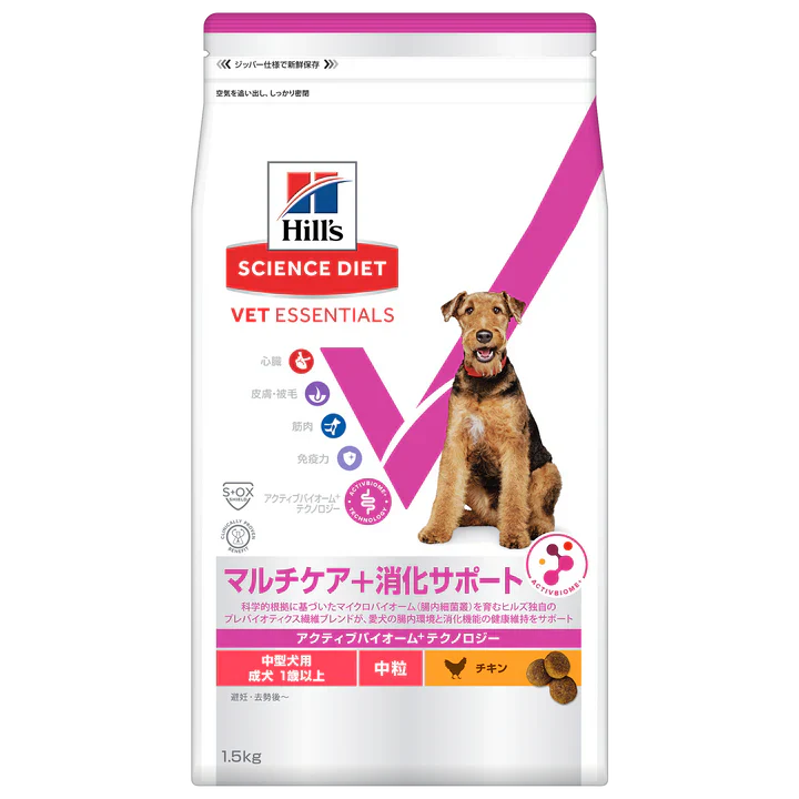 【ヒルズ】〈犬用〉ベット・エッセンシャル 中型犬用 マルチケア＋消化サポート 中粒 成犬 1歳以上　チキン